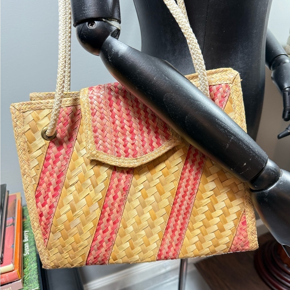 Straw Tote Bag with Red Accents
